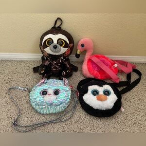 TY Fashion Plush Backpack & Crossbody Purse Lot: Whimsy, Gilda, Dangler, Waddles